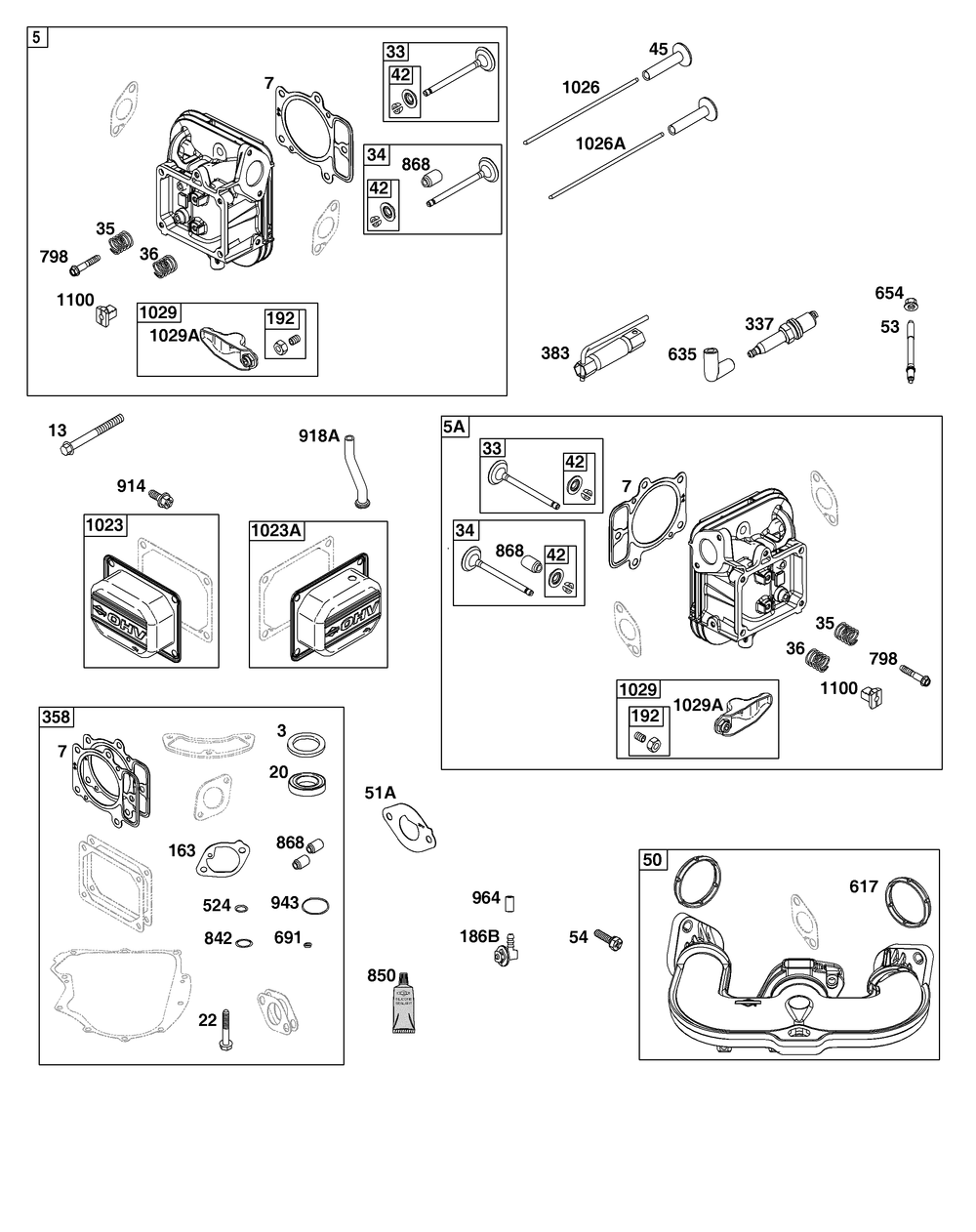 Cylinder Head Group Diagram and Parts List for 44U577-0002-H5 400000 - 699999 Briggs and Stratton Engine